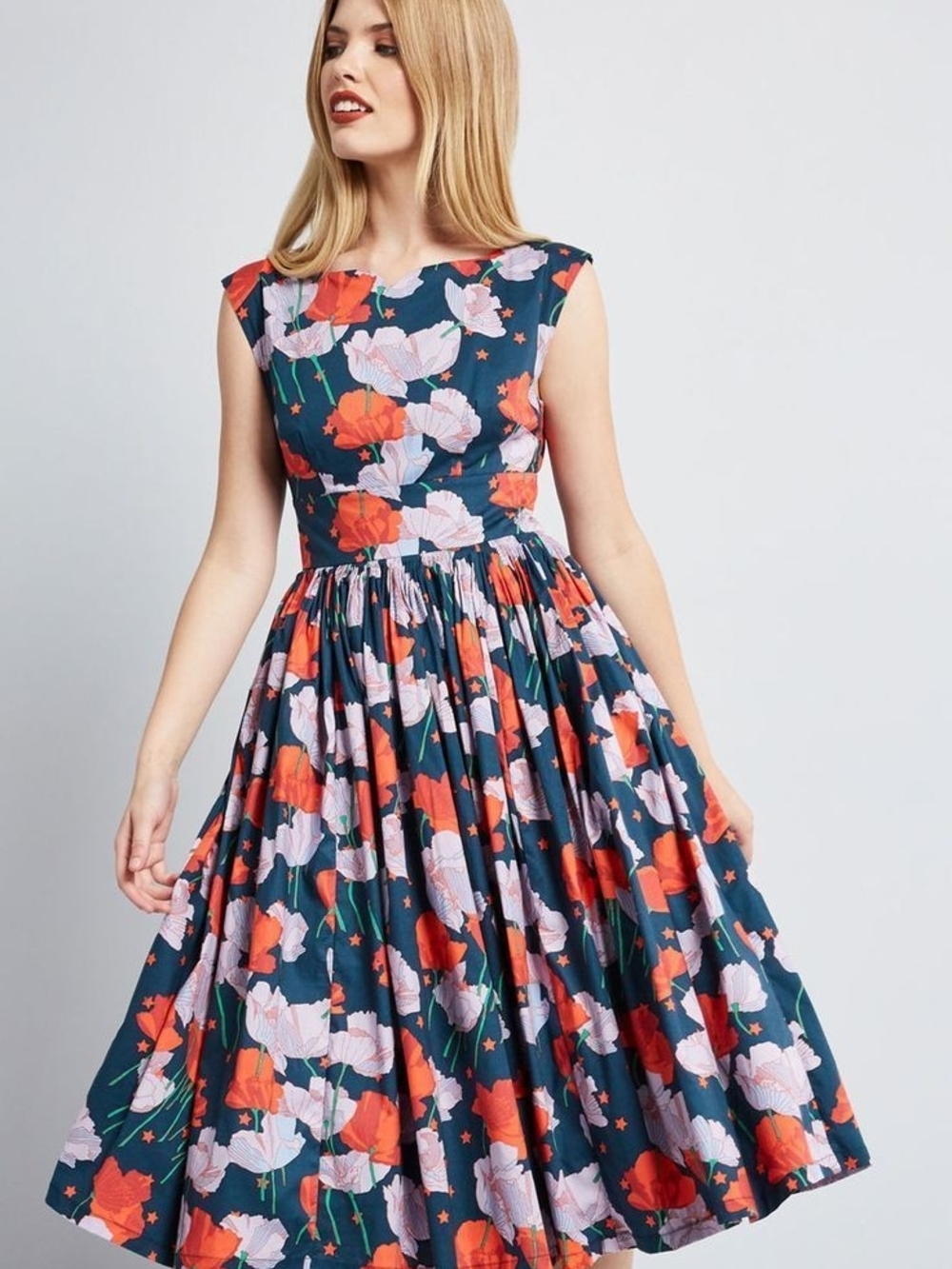 Modcloth Floral Fit-and-Flare Midi Dress in Navy Size XL
